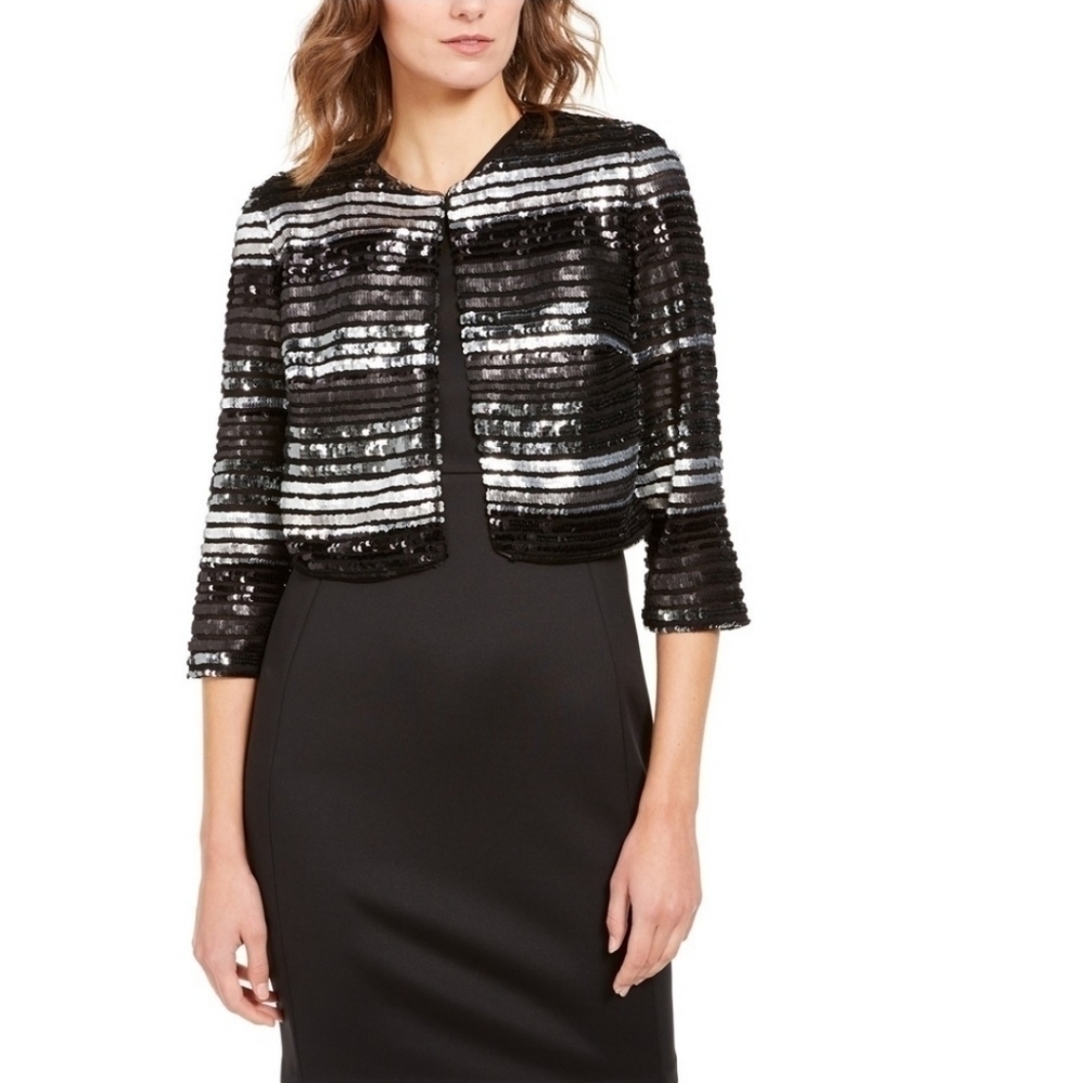 R&M Richards Black Silver Women's Sequin Stripe Bolero Jacket Size M